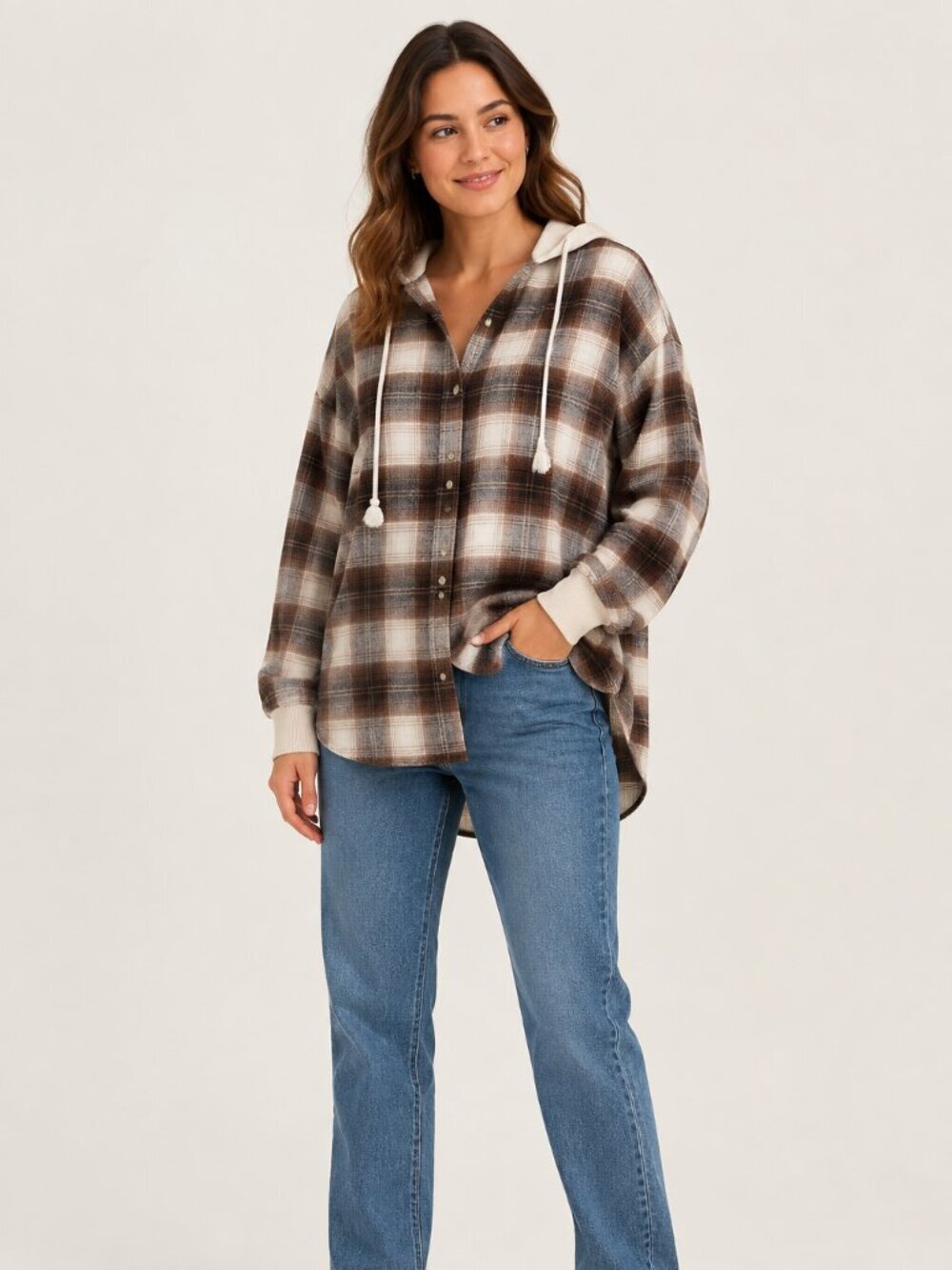 American Eagle Brown Plaid Hooded Flannel Shacket Women’s Small